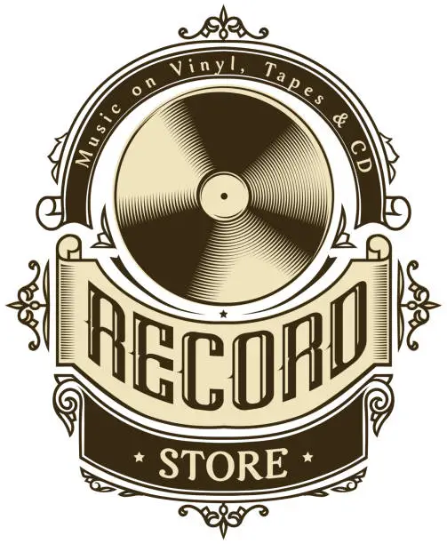Vector illustration of Record store shop - monochrome retro label
