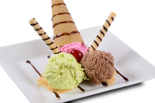 Ice cream in glass dish on white background. Dessert.