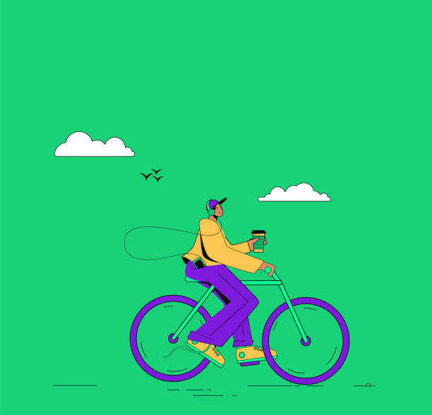 A cyclist man rides down the street with coffee and music - a serene morning. Vector illustration in flat style, big man, simple style A cyclist man rides down the street with coffee and music - a serene morning. Vector illustration in flat style, big man, simple style. Green, yellow and purple colors. cycle racing stock illustrations