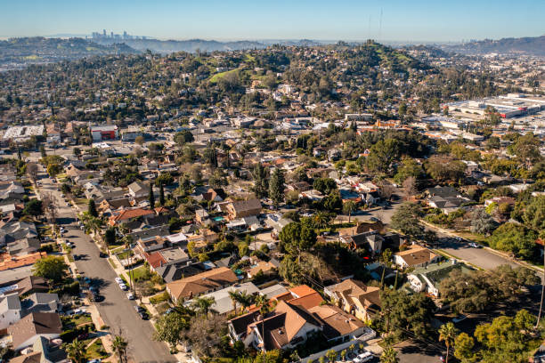 Aerial Establishing Shot of Los Angeles from Eagle Rock Aerial establishing shot of Los Angeles from Eagle Rock neighborhood eagle rock stock pictures, royalty-free photos & images