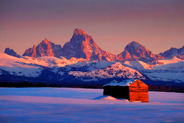 tetons mountains sunset in winter with old cabin homestead building - alpenglow imagens e fotografias de stock