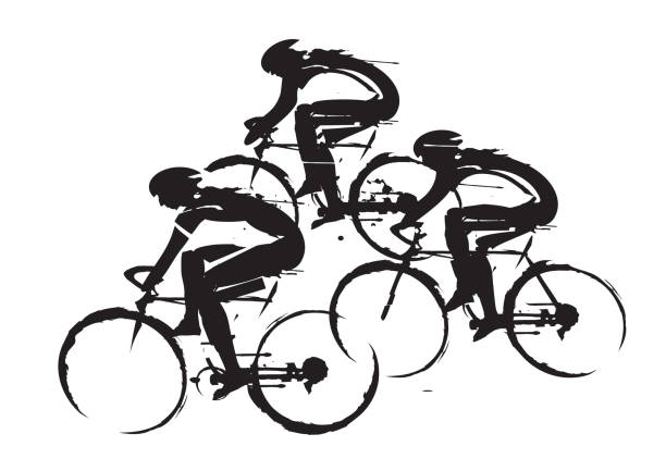 Group of  cyclists, grunge stylized. Expressive illustration of three cyclists .
Isolated on white background. Vector available. cycle racing stock illustrations