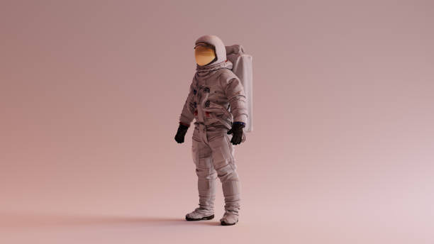 istock Astronaut with Gold Visor and White Spacesuit With Warm Background Side Lighting Quarter Left View 1367879100