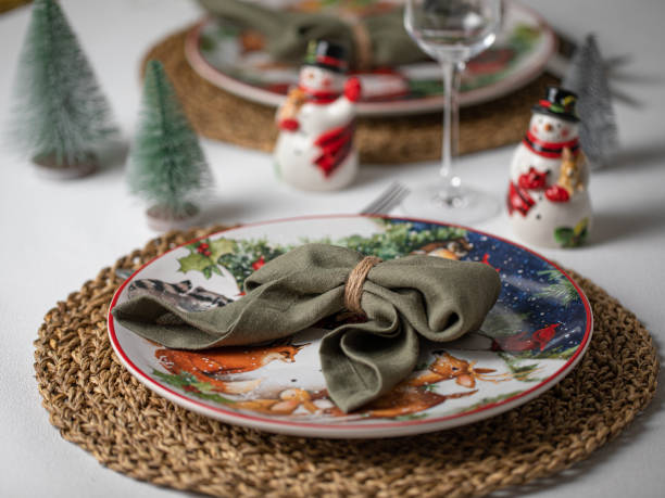 istock Merry Christmas table holiday serving with linen towels and kitchen ware. 1367881848