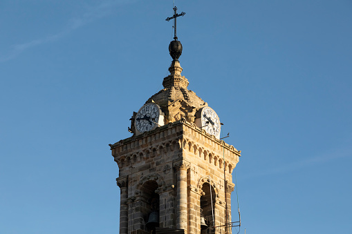 Stock photo showing The Albert Memorial Clock situated at Queen's Square in Belfast, Northern Ireland. The sandstone clock tower was built as a memorial to Queen Victoria's husband after a design competition that was won by architect W. J. Barre.