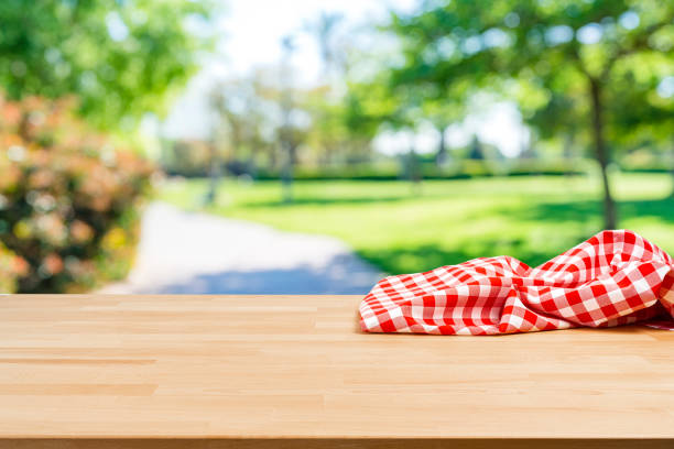 Folded blanket on picnic table and nature background Springtime or picnic backgrounds: Empty table with folded picnic blanket and lush foliage background. Ideal for image montage picnic table stock pictures, royalty-free photos & images