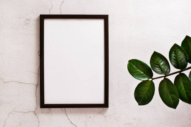 istock Eco mock up. Empty frame with a blank sheet on a light concrete background and leaves of home plants. Copy space. Top view. 1367884885