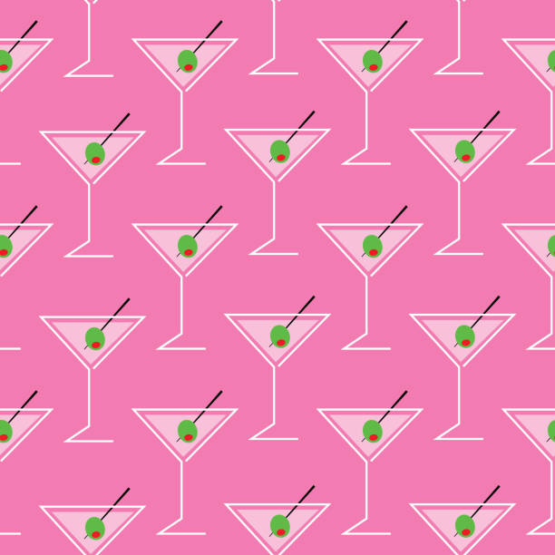 Abstract Pink Martinis Seamless Pattern Seamless Pattern Vector seamless pattern of graphic pink martinis on a square hot pink background. cocktail patterns stock illustrations