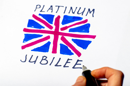 Jubilee british. Platinum Jubilee . Drawn UK flag and inscription.