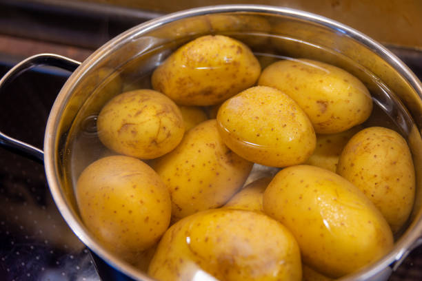 potatoes in a pot full of water stock photo