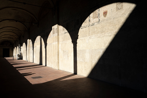 Florence, Italy. January 2022.  internal view of the large cloister of the Holy Cross in the historic center of the city