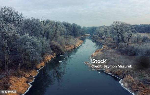 Winter River Banks With Frosted Trees And Bushes And Dry Grass On A Cold Day Stock Photo - Download Image Now