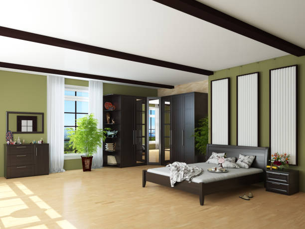 istock Bedroom Interior with Green Walls, Brown Wardrobe, Bed with Light Linens 1367891904