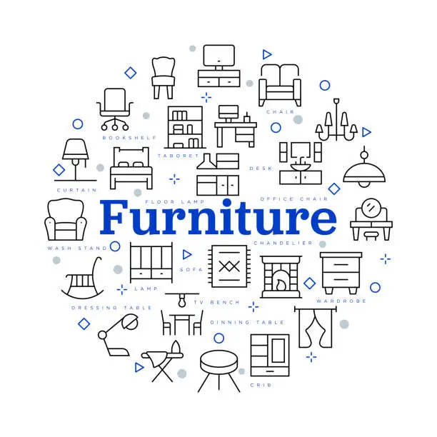 Vector illustration of Furnitures. Vector design with icons and keywords.