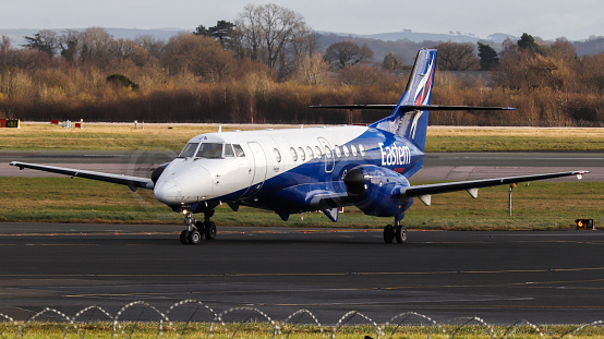Manchester Airport, United Kingdom - 27 January, 2022: Eastern Airways British Aerospace Jetstream 41 (G-MAJA) taxiing towards T1 after landing from Southampton.