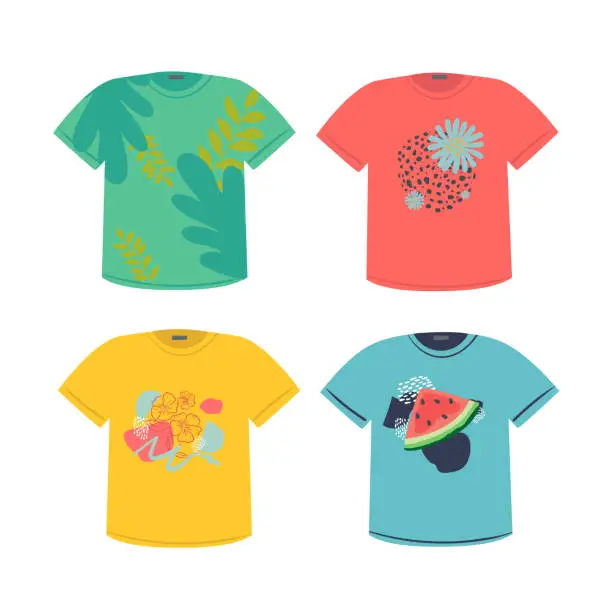 Vector illustration of set of t-shirt design template, mockup . front view. casual t-shirt with cute prins. yellow, blue, red, green, isolated on white, hand drawing, flat cartoon