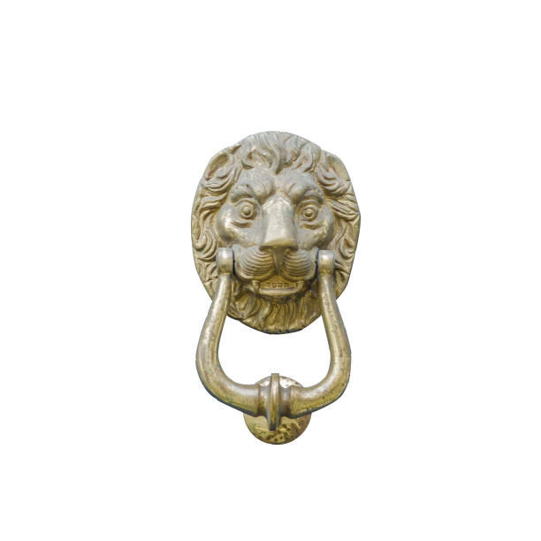 original brass knocker in the shape of a lion's head, knocker isolated on white background - door knocker door lion luxury imagens e fotografias de stock