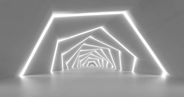 istock 3d rendering. Marble corridor with columns stretching into the distance with neon lights on the sides. Background for your design. 1367893002