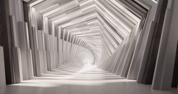 istock 3d rendering. A corridor made of light marble with decorative elements on the wall extending into the distance. 1367893047