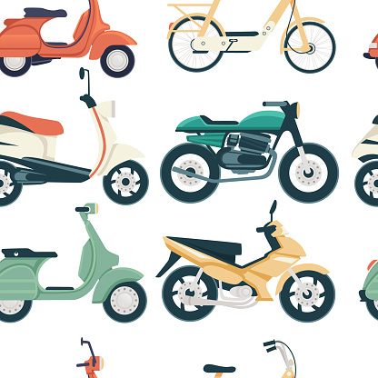 Seamless pattern of scooter and bikes small city dual wheel transport for personal use or courier flat vector illustration.