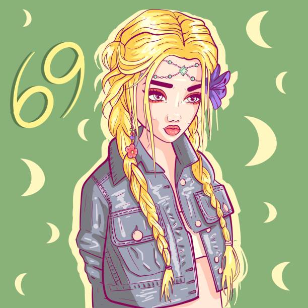 ilustrações de stock, clip art, desenhos animados e ícones de conceptual art of a blonde girl with long braided hair and a crystal on her forehead. cancer woman zodiac sign with denim jacket and flower on her hair. moon child symbol. - braided braids women long hair