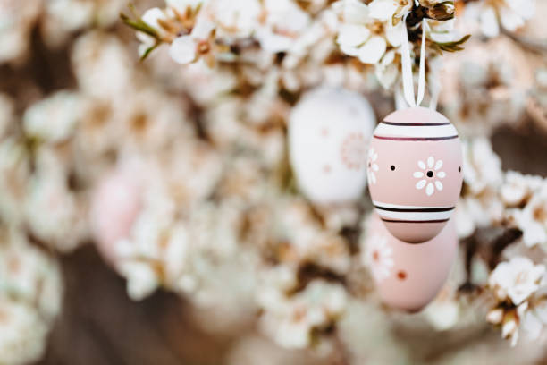 istock Close up of beautiful boho easter eggs in white beige and brown tones hanging in between almond blossoms on an almond tree 1367896031