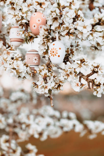 istock Beautiful boho easter eggs in white beige and brown tones hanging in between almond blossoms on an almond tree outdoors 1367896040