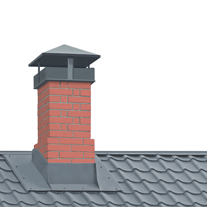 Red Brick Chimney, Grey Steel Tile Roof Texture, Isolated Tiled Roofing, Large Detailed Vertical Closeup, Modern Residential House Rooftop Tiles Detail Textured Pattern, Property Concept Real Estate Metaphor