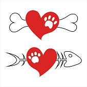 istock Symbol of love to pets. Bone with heart and paw for dog lover, and fishbone with cats footprint. Icon for veterinary and food for domestic animals. Trendy cartoon illustration for mug and tee print 1367898378