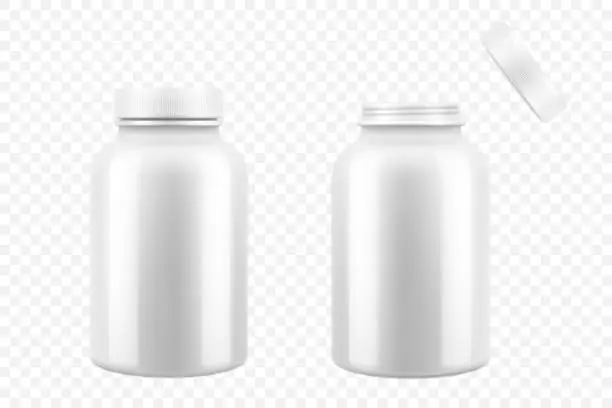 Vector illustration of Opened and closed white plastic medical pill bottles, 3d realistic vector illustration. Mock Up Template set of medicine package for pills, capsule, drugs, isolated on white background