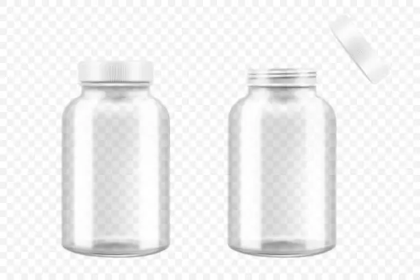 Vector illustration of Open and closed glass medical pill bottle, 3d realistic vector illustration. Mock Up Template set of drugs for pills, capsules, medicines isolated on white background