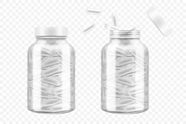 Vector illustration of Medicine bottles with capsules isolated on white background. Vector realistic mockup of glass or plastic transparent container with open and closed white lid. 3d jars with medical drugs, pill