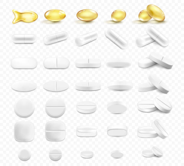 illustrations, cliparts, dessins animés et icônes de pilules médicales et capsules ensemble, isolé sur un fond transparent. icônes vectorielles 3d réalistes. capsules de vitamines et d’antibiotiques, comprimés d’huile de poisson jaune doré brillant. médicaments analgésiques pharmaceutiques. - pill