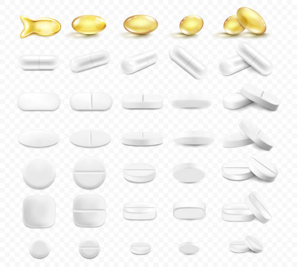 ilustrações de stock, clip art, desenhos animados e ícones de medical pills and capsules set, isolated on a transparent background. realistic 3d vector icons. vitamins and antibiotics capsule, shiny golden yellow fish oil tablets. pharmaceutical painkiller drugs. - medicine dose medical medicine and science