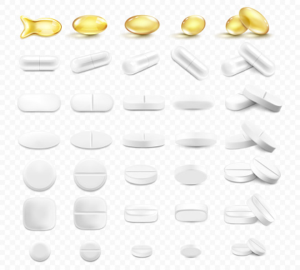 Medical pills and capsules set, isolated on a transparent background. Realistic 3d vector icons. Vitamins and antibiotics capsule, shiny golden yellow fish oil tablets. Pharmaceutical painkiller drugs.