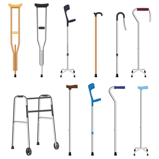 Set of mobility aids including walker, walking sticks and crutches. Telescopic metal canes, wooden cane, cane with additional support, telescopic crutch, wooden crutch. Medical devices. Vector flat Set of mobility aids including walker, walking sticks and crutches. Telescopic metal canes, wooden cane, cane with additional support, telescopic crutch, wooden crutch. Medical devices. Vector flat crutch stock illustrations