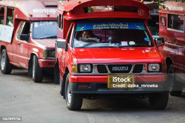 Red Bus On The Street Of City Chiang Mai Stock Photo - Download Image Now - Chiang Mai City, Red, Taxi