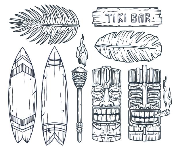 Set of hawaii tiki mask and surfing. Ethnic totem Set of trendy hawaii wooden tiki mask with joint for surfing bar. Traditional ethnic idol and surf of hawaiian, maori or polynesian. Old tribal totem torch tiki mask stock illustrations