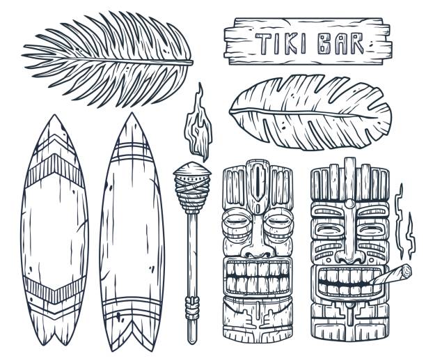 Set of hawaii tiki mask and surfing. Ethnic totem Set of trendy hawaii wooden tiki mask with joint for surfing bar. Traditional ethnic idol and surf of hawaiian, maori or polynesian. Old tribal totem torch totem pole face stock illustrations