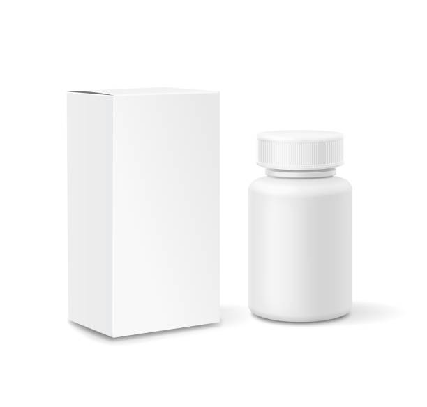 pusta butelka leku 3d. biała plastikowa puszka leków z wektorem opakowania - bottle vitamin pill nutritional supplement white stock illustrations