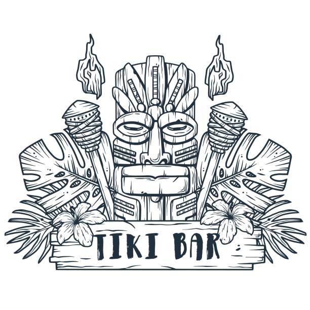 ilustrações, clipart, desenhos animados e ícones de surfando máscara tiki do havaí ou ídolo. totem étnico - polynesia