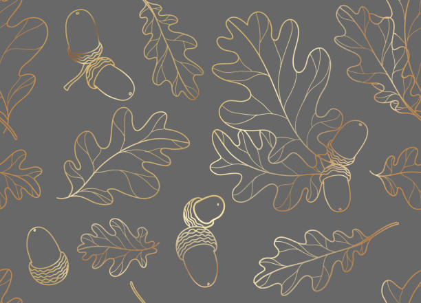 illustrazioni stock, clip art, cartoni animati e icone di tendenza di foglie di quercia dorata con vettore senza cuciture di ghiande - maple tree autumn textured leaf