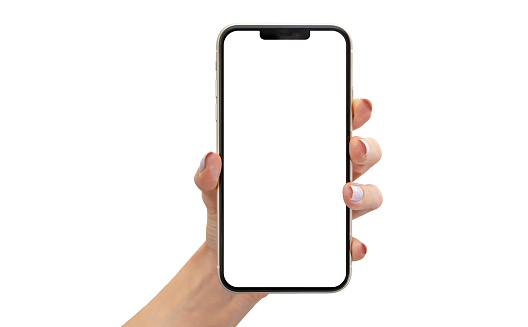 Woman hand holding cellphone with empty screen on white background isolated stock photo stock