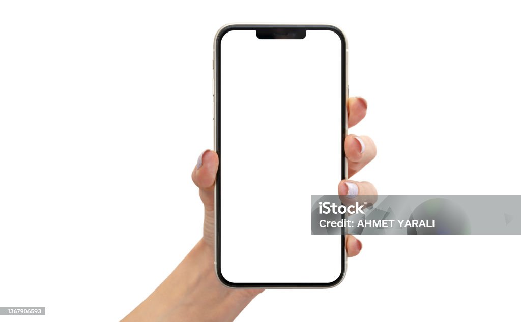 Woman hand holding cellphone with empty screen on white background isolated stock photo stock Telephone Stock Photo