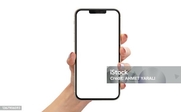 Woman Hand Holding Cellphone With Empty Screen On White Background Isolated Stock Photo Stock Stock Photo - Download Image Now