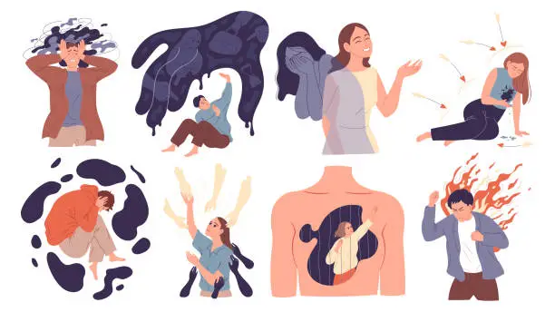 Vector illustration of Set of people in difficult situations, experiencing negative emotions, heartache and life difficulties