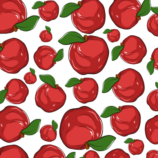 ilustraciones, imágenes clip art, dibujos animados e iconos de stock de manzana roja dibujada a mano. patrón sin fisuras - creativity square red delicious apple fruit