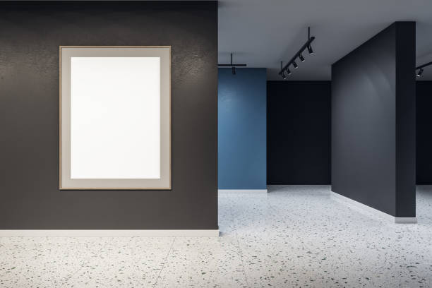 istock Modern concrete exhibition hall interior with empty white mock up banner on wall. Art and museum concept. 3D Rendering. 1367909056