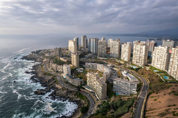 Aerial view of Concon in Viña del Mar Aerial view of Concon, north of Viña del Mar on the coast of Valparaiso region, central Chile vina del mar chile stock pictures, royalty-free photos & images