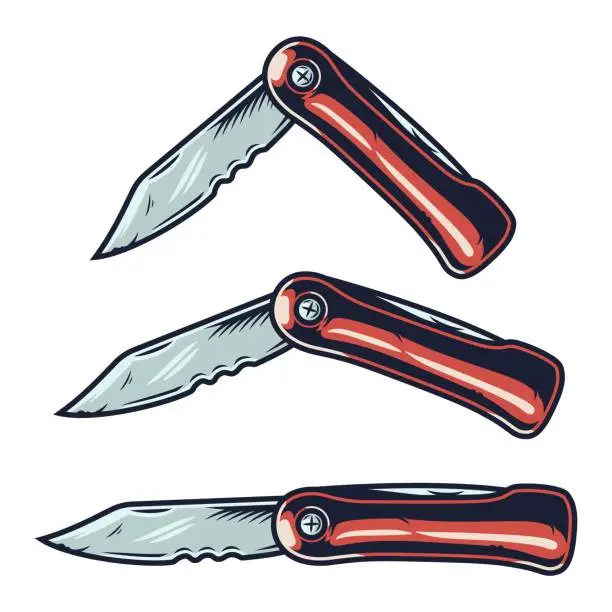 Vector illustration of Colored knife or penknife for camping and travel